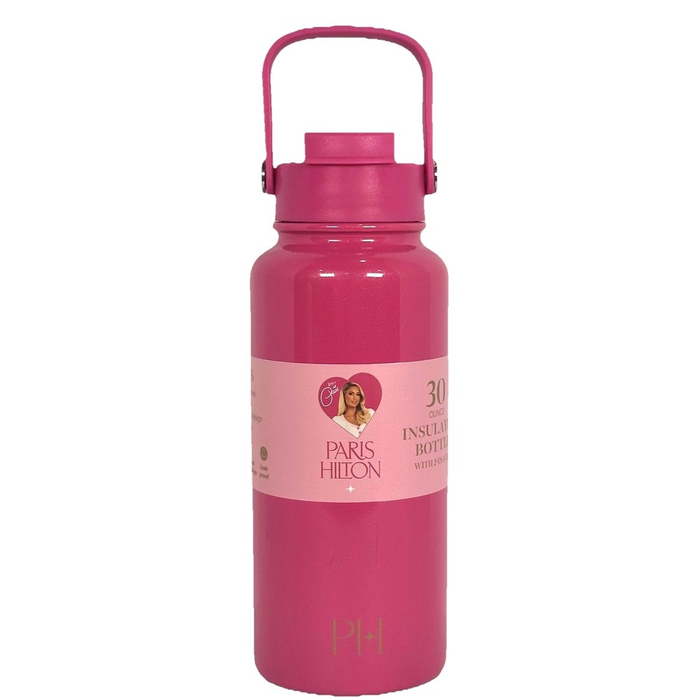 Paris Hilton 30oz Pink Shimmer Insulated Water Bottle Tumbler‎ 2 In 1 Lid